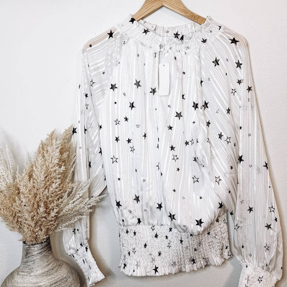 NEW Glam Balloon Sleeve Star Pattern Ruffle Long Sleeve Mock Neck Blouse - Picture 1 of 5